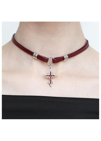 Шкіряний червоний чокер з підвіскою хрестика кулон хрест на шию в готичному фентезі стилі ланцюжок панк гранж унісекс y2k альт No Brand (348431261)
