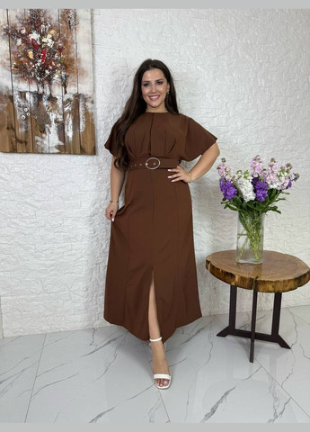 Темно-коричневое платье с поясом Україна однотонное