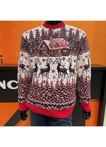 Червоний зимовий светр чоловічий теплий вовна новорічний олені з чорним No Brand