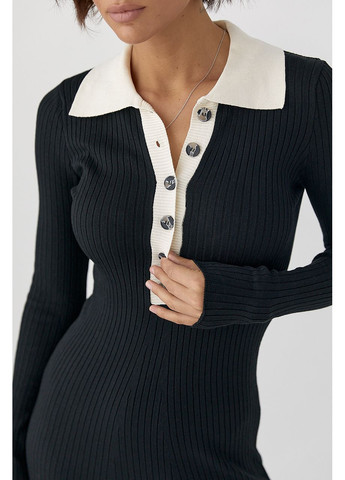 Черное повседневный, деловое, кэжуал длинное трикотажное платье-поло в рубчик No Brand однотонное