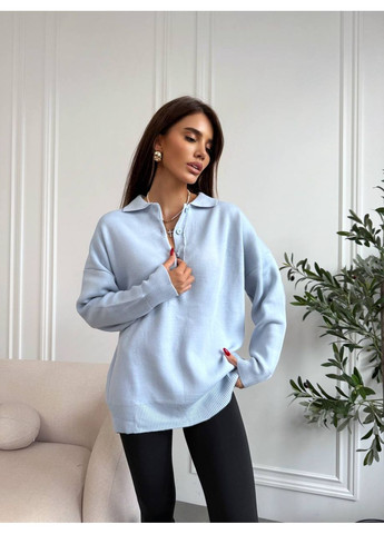 Голубой демисезонный удлиненный оверсайз свитер с воротником поло (замеры в описании) DK/DL Мода без кордонів