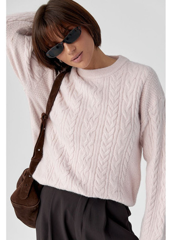 Пудровий зимовий в'язаний светр у косички Lurex