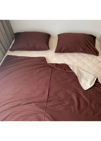 Постільна білизна з резинкою Шоколад + беж страйп сатин PREMIUM Полуторний розмір, наволочки 50/70 No Brand (364213522)