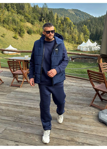 Синий демисезонный костюм теплый тройка жилет плащевка канада,синтепон 150,штаны и свитшот трехнить на флисе Україна