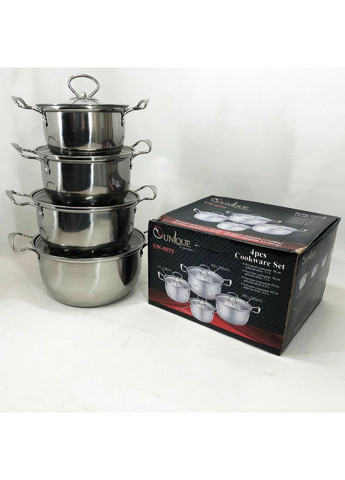 Набор кастрюль UN-5072 8 предметов нержавеющая сталь стеклянные крышки, Набор посуды для плит Unique (366238633)