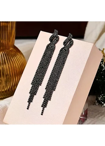 Сережки біжутерія урочиста Довгі чорні стрази No Brand (396715087)