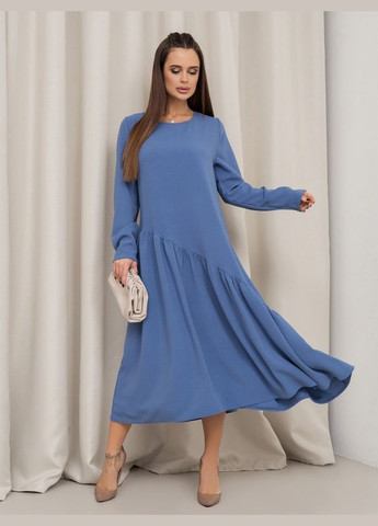 Голубое повседневный голубое платье с асимметричным воланом ISSA PLUS однотонное