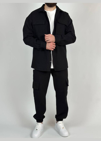 Чорний демісезонний стильний чорний костюм 2-ка з якісної тканини: джинс-бенгалін, трендовий костюм двійка (сорочка+штани) No Brand 403-2