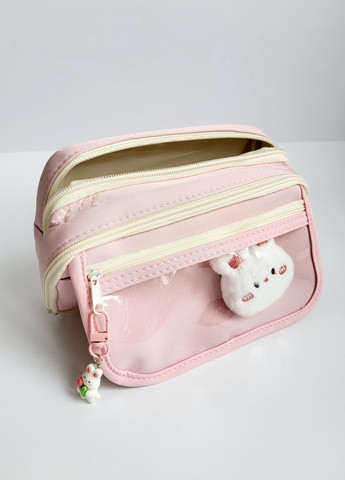 Мультифункціональний шкільний пенал із 9 відділеннями з пластиковим та плюшевим брелоком зайчик рожевий Rabbit No Brand (319617090)