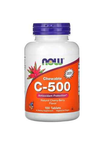 Витамины и минералы Vitamin C-500, 100 жевательных таблеток, вишня Now (293338728)
