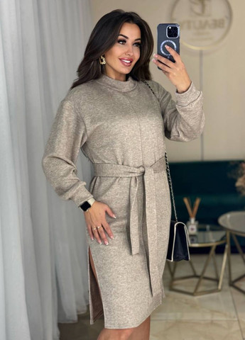 Бежевое повседневный миди платье с разрезами и поясом Allthings меланжевое