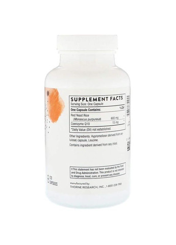 Червоний дріжджовий рис з коензимом Thorne Red Yeast Rice + CoQ10 120 капсул Thorne Research (357342395)