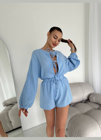 Голубая женская пижама муслин рубашка + шорты No Brand