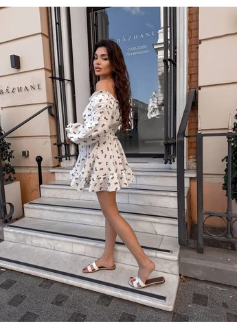 Чорно-білий сукня мiнi iз муслiна чорно-бiлого кольору 38536 кльош Fashion з малюнком