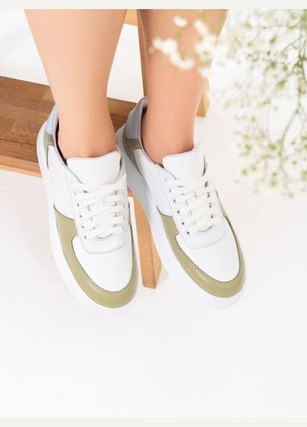 Белые демисезонные белые кожаные кроссовки с зелеными вставками ISSA PLUS