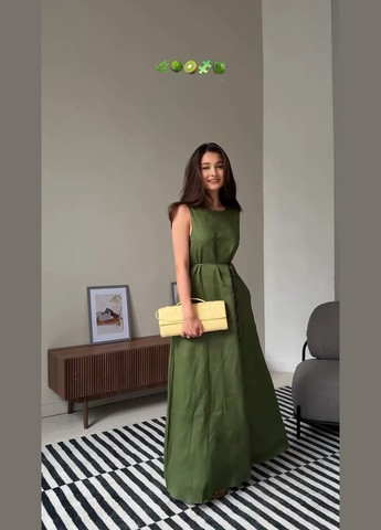 Оливковое (хаки) кэжуал платье длины макси из льна MonCher