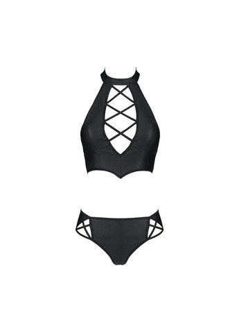 Чорний демісезонний комплект з еко-шкіри nancy bikini black, бра та трусики з імітацією шнурівки - cherrylove Passion