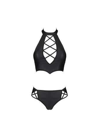 Черный демисезонный комплект из эко-кожи nancy bikini black, бра и трусики с имитацией шнуровки - cherrylove Passion