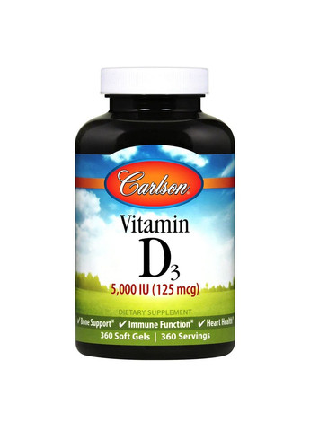 Витамины и минералы Vitamin D3 5000 IU, 360 капсул Carlson Labs (293478262)