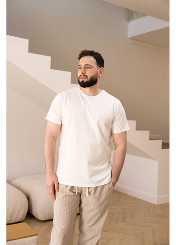 Піжама чоловіча футболка молочна + штани COTTON STRIP в лінію бежеві Handy Wear (396313070)