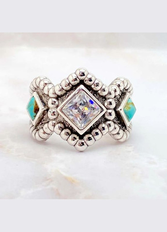 Широкий перстень в етнічному стилі з білим кубиком циркону та бірюзою сила сходу розмір 18 Fashion Jewelry (289204392)