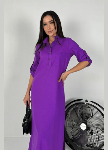 Лиловое повседневный, кэжуал, джинсовое стильное длинное прямое льняное платье с разрезамидлинное прямое льняное платье с разрезами INNOE однотонное