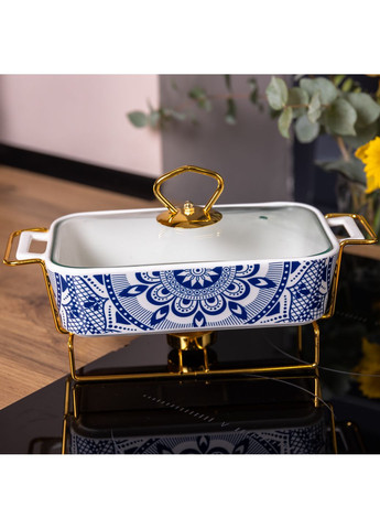 Мармитница керамическая прямоугольная Yiwu SA1107-S на подставке с орнаментом 1л белый No Brand (360977653)