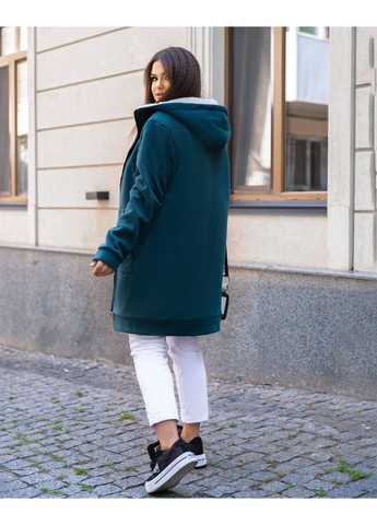 Пляшкова зелена зимня жіноча подовжена куртка з капюшоном на хутрі овчина | стильні кольори | заміри в описі куртка-пальто Vione