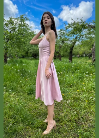 Пудрова святковий, коктейльна, вечірня плаття міді корсетом шовк one size CHICLY однотонна