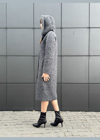 Темно-сіре Утеплене вовняне пальто з чорно-сірої букльованої тканини 4454 Cat Orange