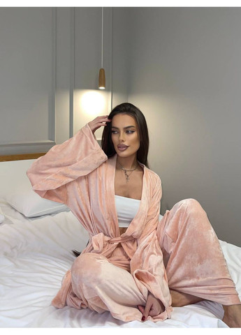 Персиковая всесезон женский люксовый комплект для дома: кимоно + палаццо + пояс из королевского велюра ✨ замеры в описании свитшот + брюки DK/DL Мода без кордонів