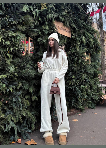 Женский комбинезон No Brand однотонный молочный спортивный, повседневный, кэжуал, денил флис