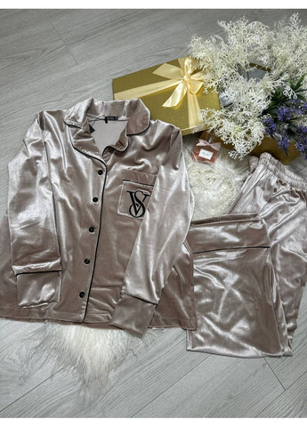 Бежевая зимняя женская бархатная пижама рубашка + брюки Asi.Store.ua
