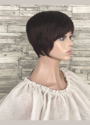 Перука темно-каштанова з натурального волосся коротка стрижка No Brand 4921 (315779994)