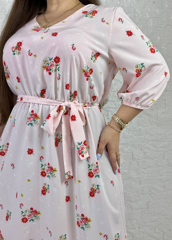 Пудровое повседневный изысканное легкое летнее платье меди с цветочным узором, поясом и рукавами фонарик три четверти Tik-Tak с цветочным принтом