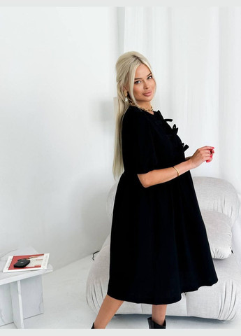 Чорна повсякденний, святковий жіноча літня льняна сукня міді оверсайз Style Point однотонна