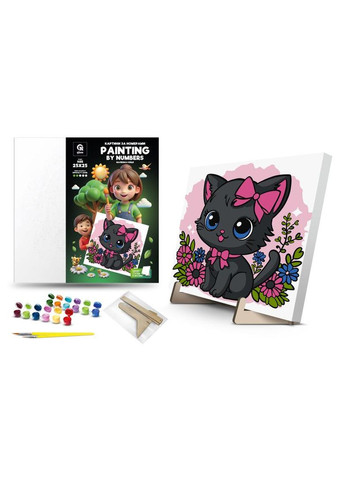 Набор для росписи по номерам 25х25 см. Маленькая киска с деревянной подставкой. qbee (368709347)