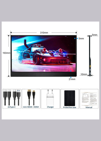 Монитор портативный 133UC / 13.3'' / IPS / 3840x2160 4K / Type-C / HDMI / jack 3.5 мм / второй экран No Brand (327422797)