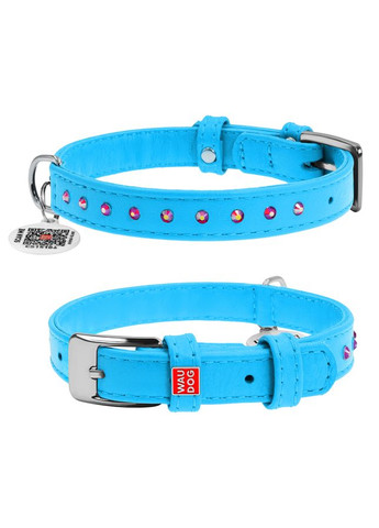 Ошейник для собак кожаный Glamour с QR паспортом, с клеевыми стразами, Ш 15 мм, Длин 27-36 см голубой WAUDOG (322001669)