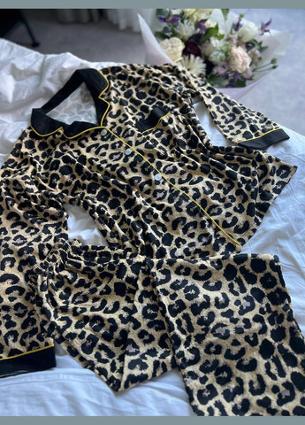 Коричневая всесезон женская шелковая пижама леопард рубашка + брюки No Brand