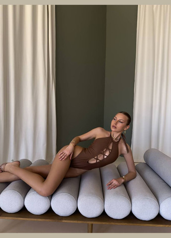 Светло-коричневый летний трендовый купальник с декоративной шнуровкой слитный No Brand