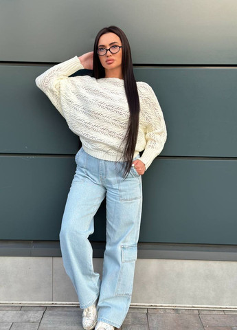 Молочний демісезонний стильний в'язаний светр з манжетами на рукавах Allthings