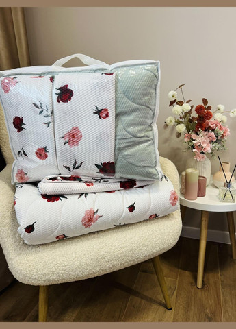 Постельное белье с летним одеялом 200*215 см евро размер ткани жатка белого цвета с цветочным рисунком. No Brand (345064758)