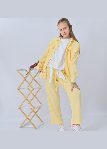 Бирюзовый летний детский лимонный муслиновый комплект унисекс рубашка+ штаны+футболка палаццо mrou с рубашкой, брючный No Brand