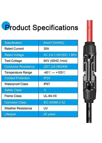 Подовжувальний кабель Solartronics 6 мм² (2 чорні 1м, 2 червоні 1м + набір конекторв 10 шт) No Brand (300657812)