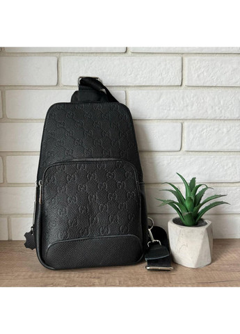 Мужская кожаная сумка бананка стиль Гуччи тиснение слинг на грудь и плечо черная барсетка для мужчин ProDobro (363221021)