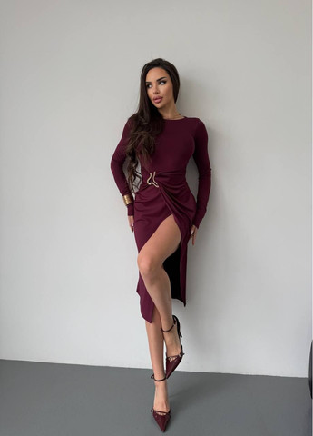 Бордова вечірня сукня міді з розрізом Fashion