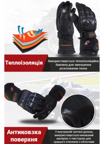 Мотоциклетные зимние перчатки с подогревом и регулировкой температуры GA850A, до 8 часов, 6000mAh, размер XL Warmspace (380642296)