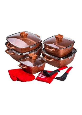 Набір з 5 алюмінієвих квадратних каструль з товстим дном + лопатка, ополоник, рукавички та фартух HP-4-468 MGC (368767362)