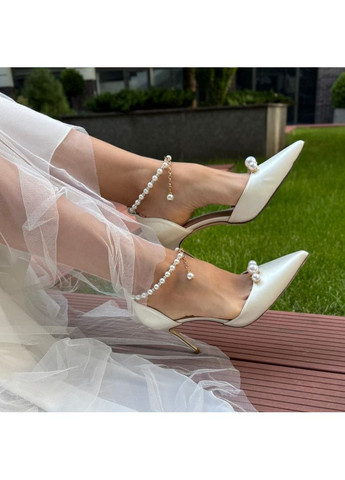No Brand Жіночі туфлі весільні атласні та ремінцем перли та брошкою 5,5 см білий з текстиль, — (351394382)